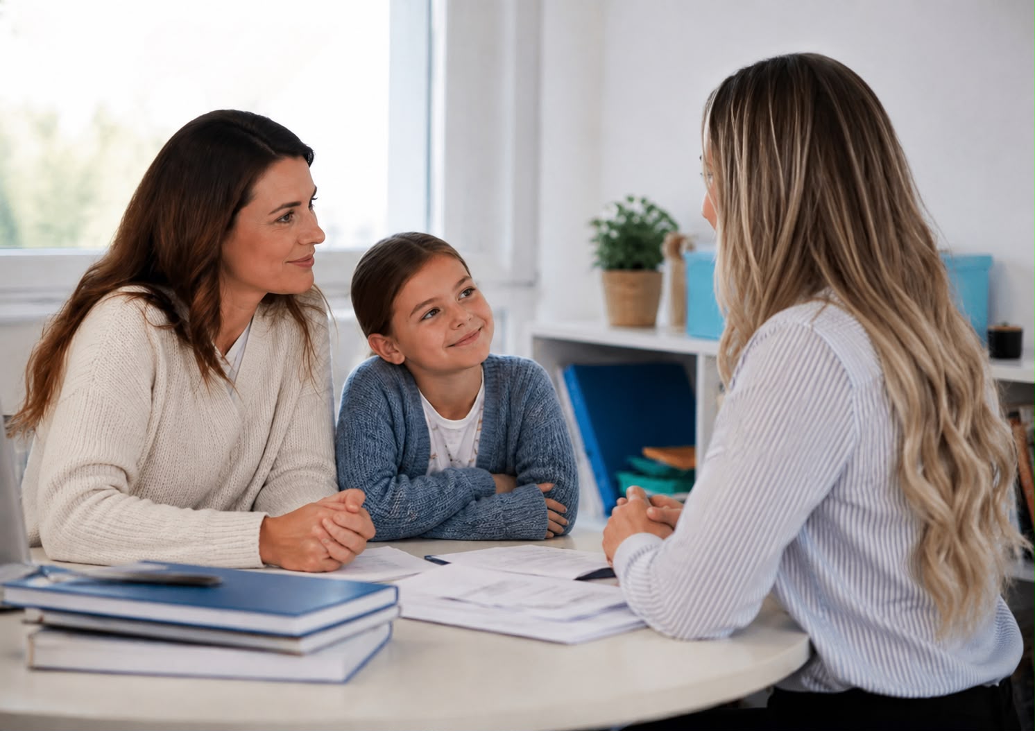 Beratungsgespräch mit einer Mutter und ihrem Kind